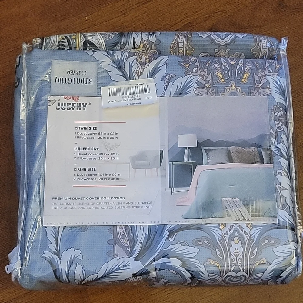JUCFHY Duvet 1 Cover 2 shams set Queen Blue Paisley Damask 600 Thread Count New…